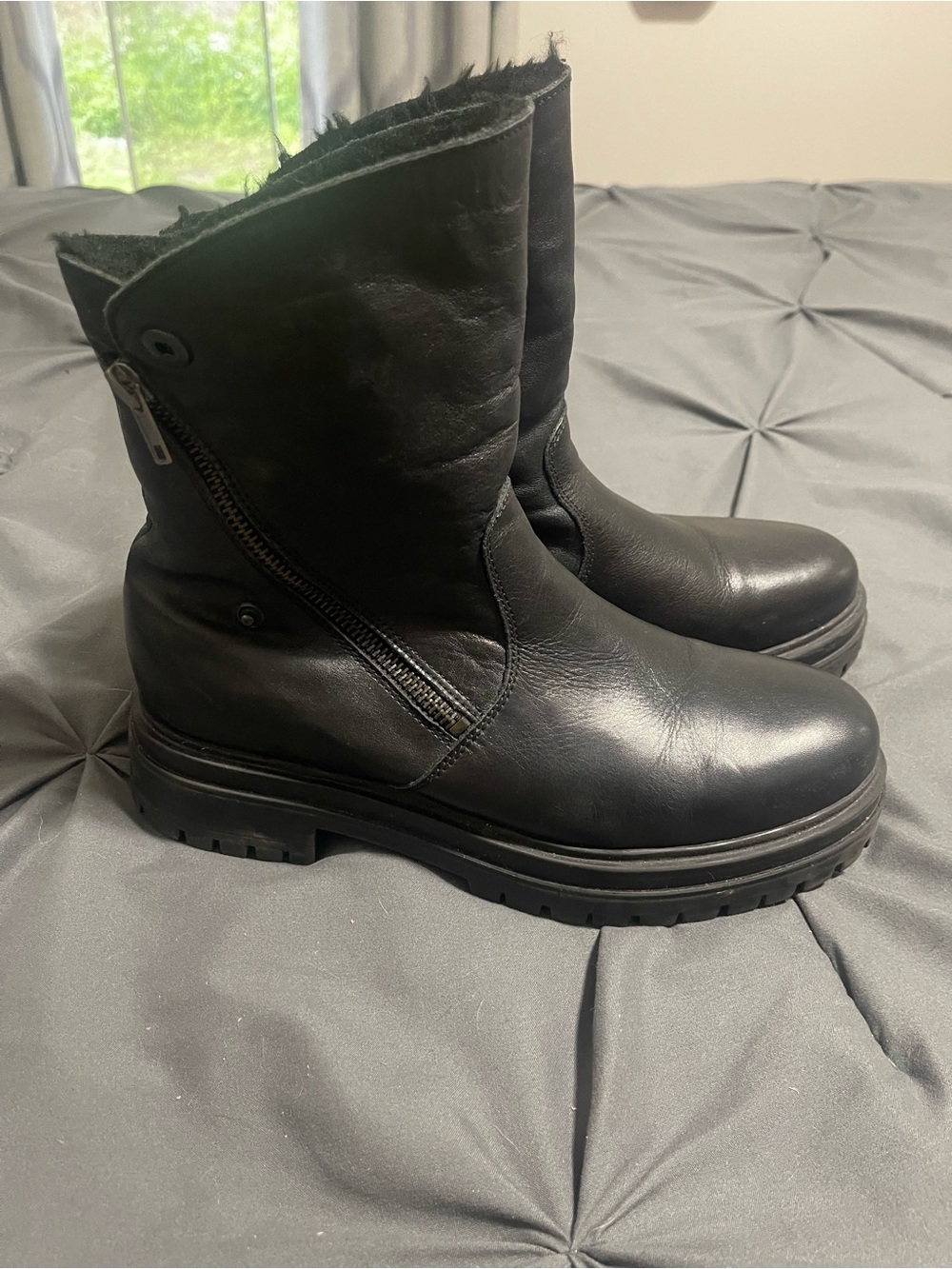 Avellini Black Leather Lug-Sole Ankle Boots with Side Zip